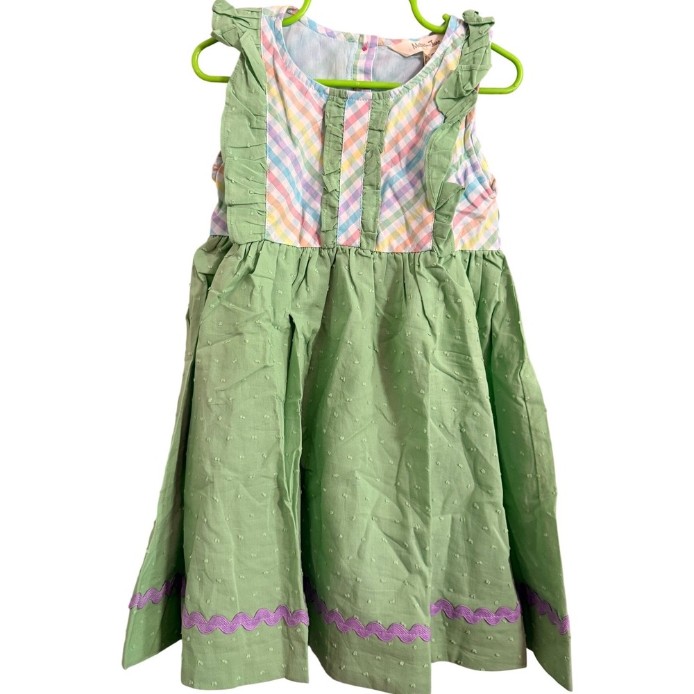 Matilda Jane Girls Rainbow Plaid Ruffle Dress‎ Green Dot Easter Spring Size 4